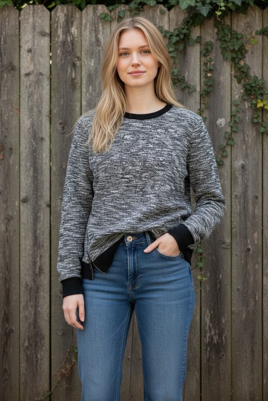 Abercrombie & Fitch White Black Knit Zip Up Pullover Crew Neck Sweater Size S